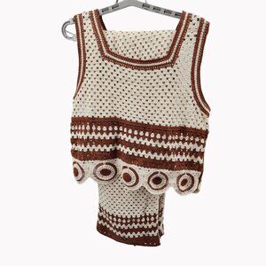 Ultra Pink Womens Crochet Top & Pants Set Boho Style Brown & Cream L